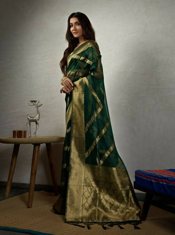 Glamorous Designer Stone Green Color Organza Silk Saree With Weaving Work - Yomika Fashions - Distacart