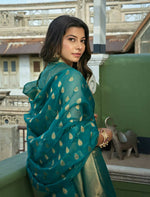Thumbnail for Delightful Designer Turquoise Color Organza Silk Saree With Weaving Work - Yomika Fashions - Distacart