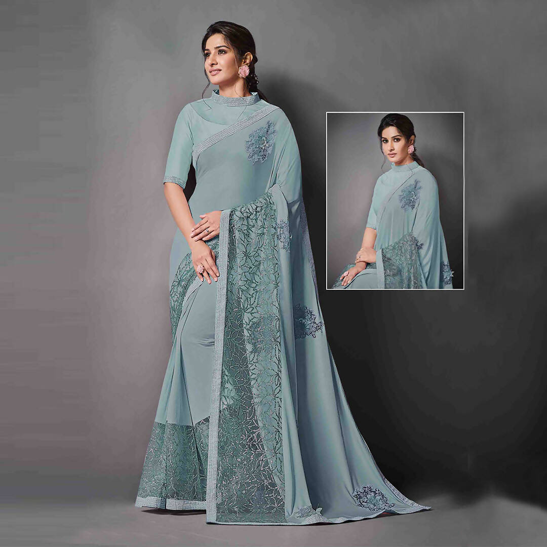 Teal Lycra Raw Silk Sequins Embroidery, Applique Work Saree - Norita Eileen - Distacart
