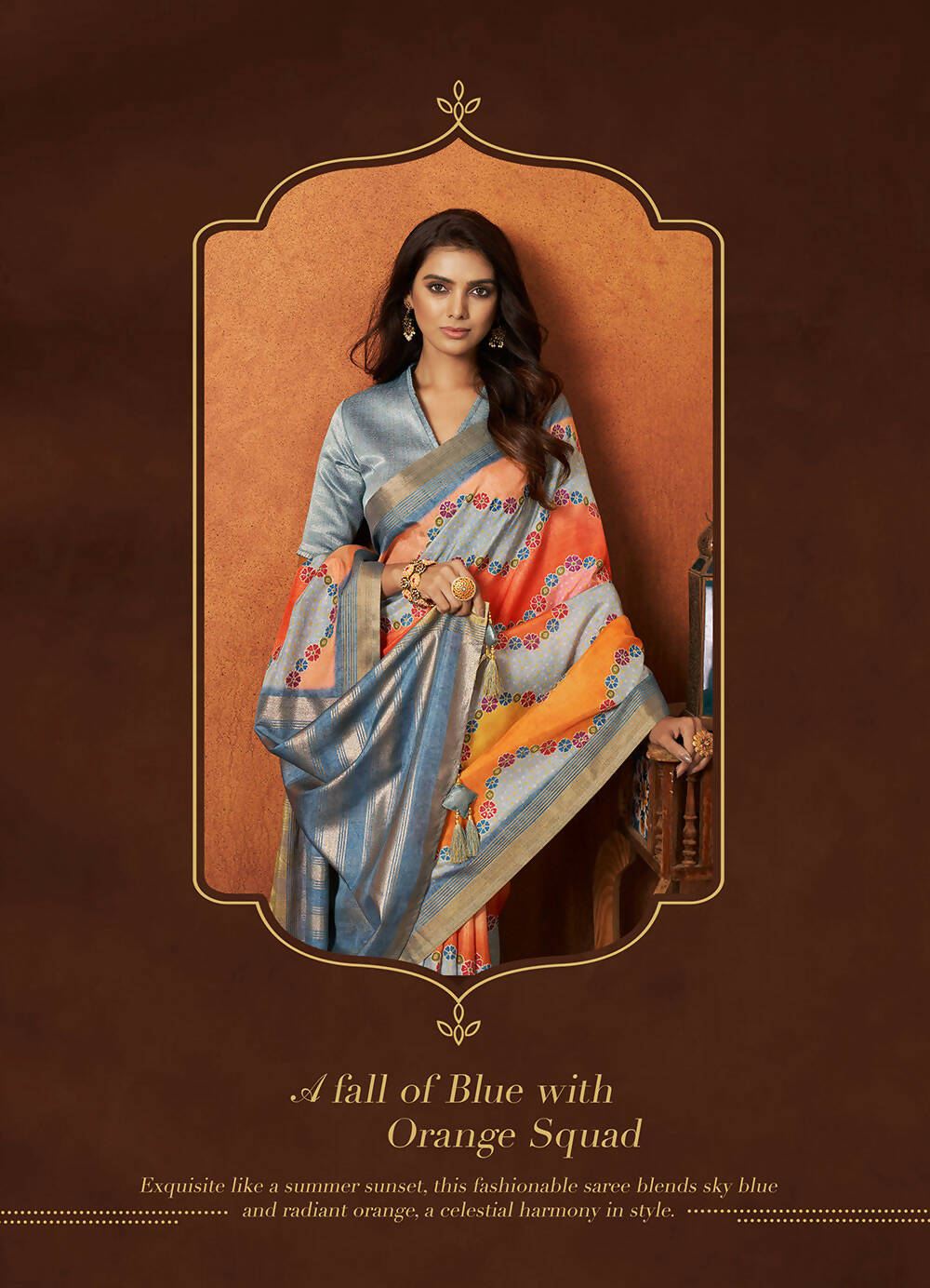 Orange & Blue Rangkat and Crepe Silk Floral Saree With Unstitched Blouse Piece - Mohmanthan Royal Saachi - Distacart