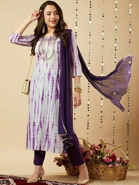 Kalini Abstract Printed Thread Work Kurta With Trousers & Dupatta - Distacart