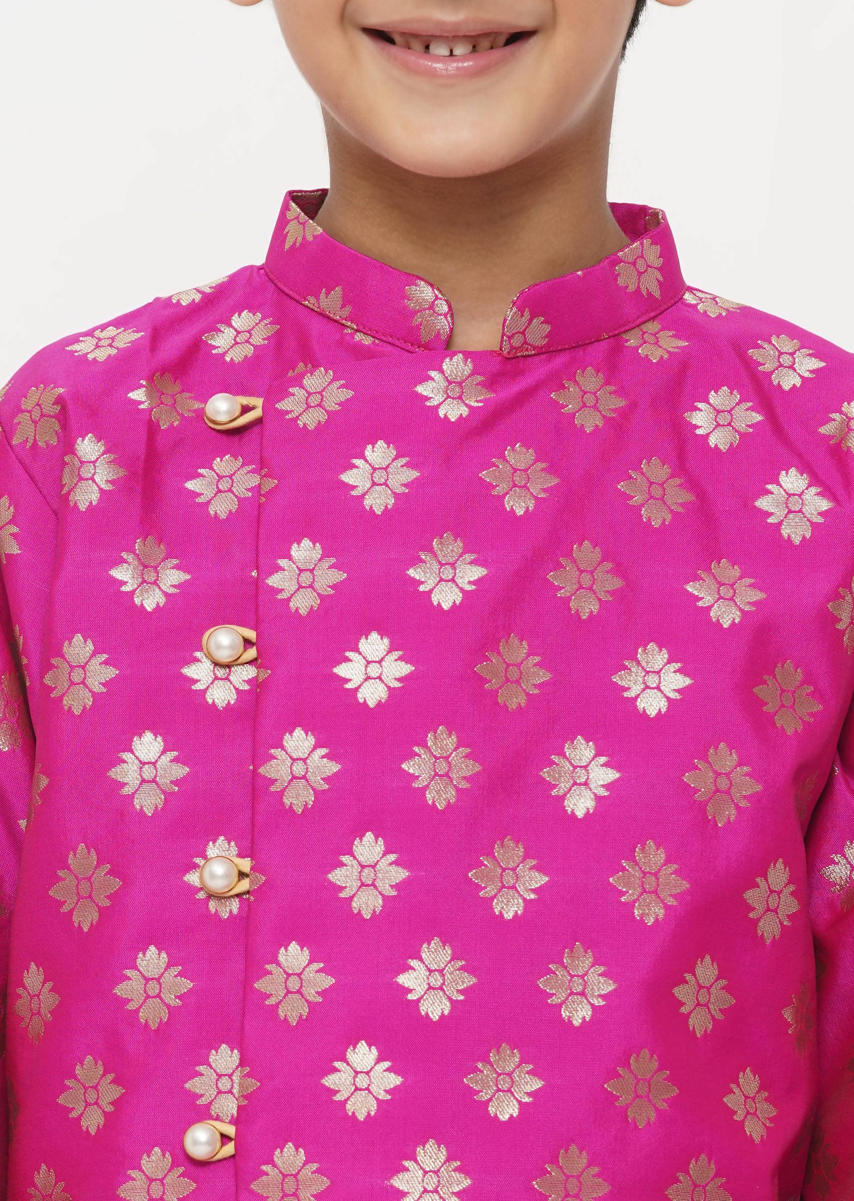 Little Bansi Banarsi Silk Sherwani & Pyjama - Magenta & Cream - Distacart