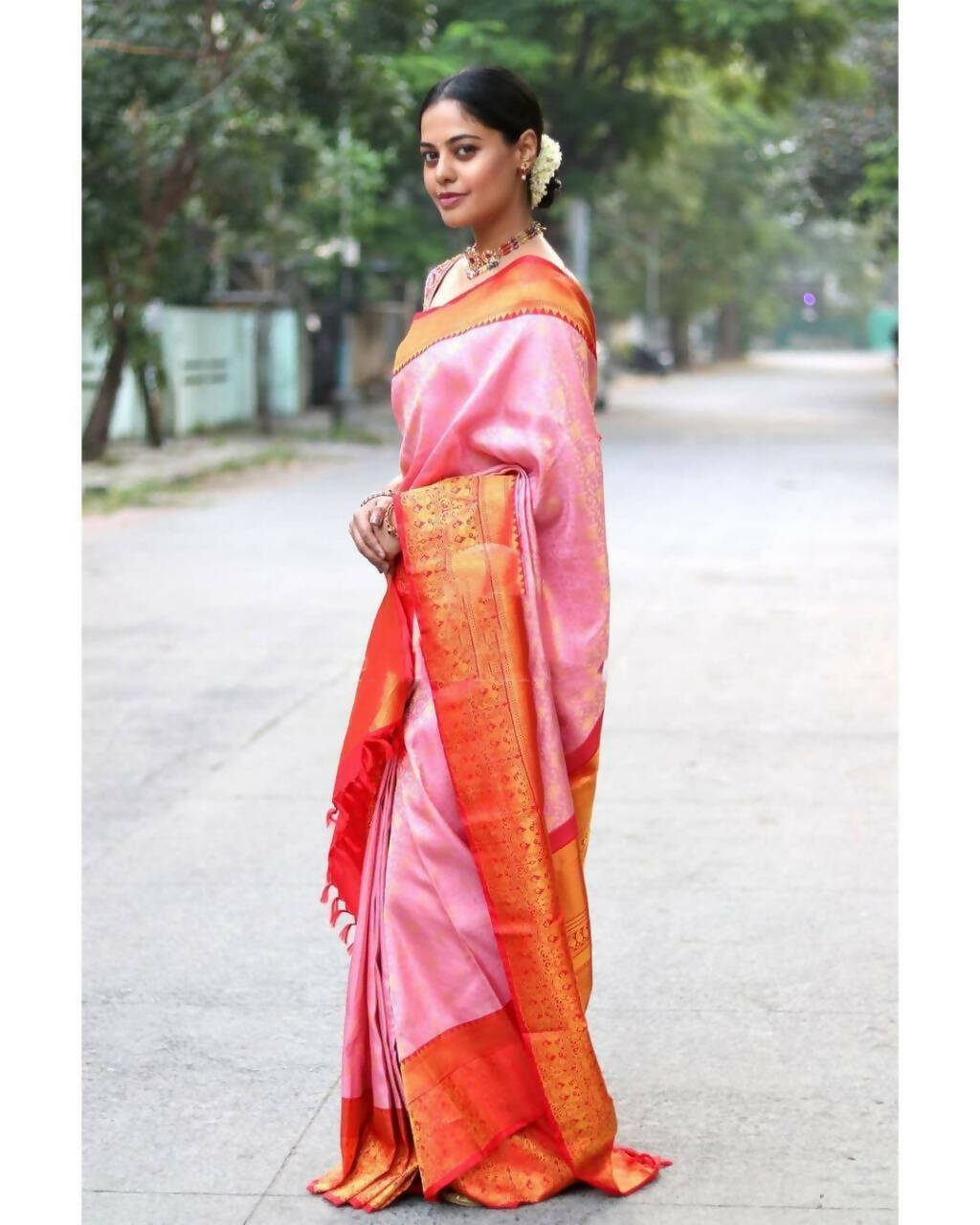 DEIANA'S Beautiful Golden Jari with New Design Soft Lichi Silk Saree - Peach - Distacart