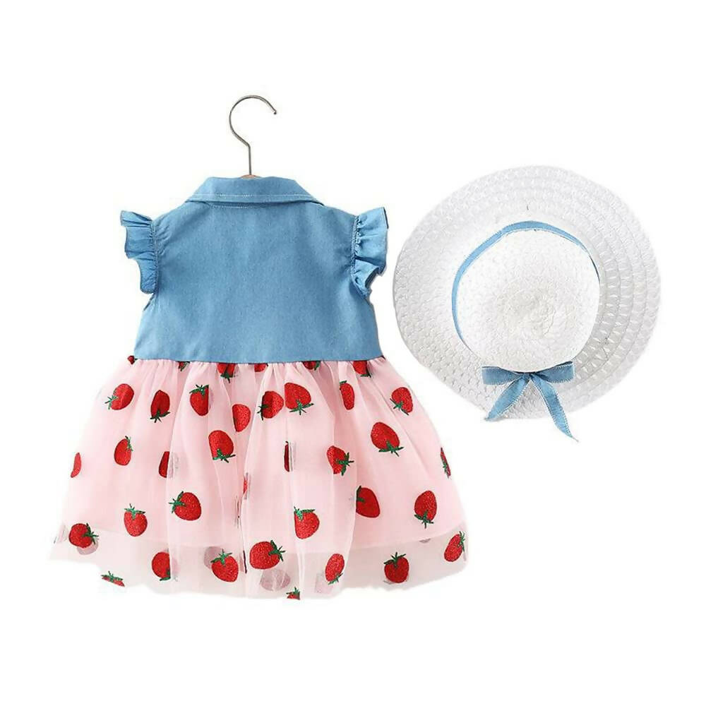 Bold N Elegant Cap Sleeve Denim Embroidered Midi Party Dress Frock with Hat Dress - Strawberry Pink - Distacart