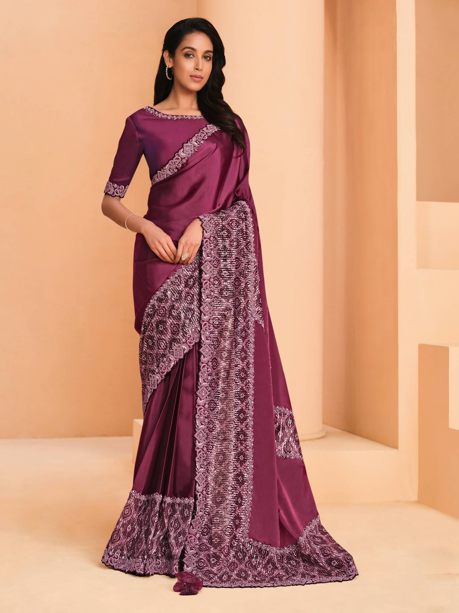 Maroon Satin Crepe Silk Sequence Embroidered Saree With Unstitched Blouse - Mohmanthan Yavanika - Distacart