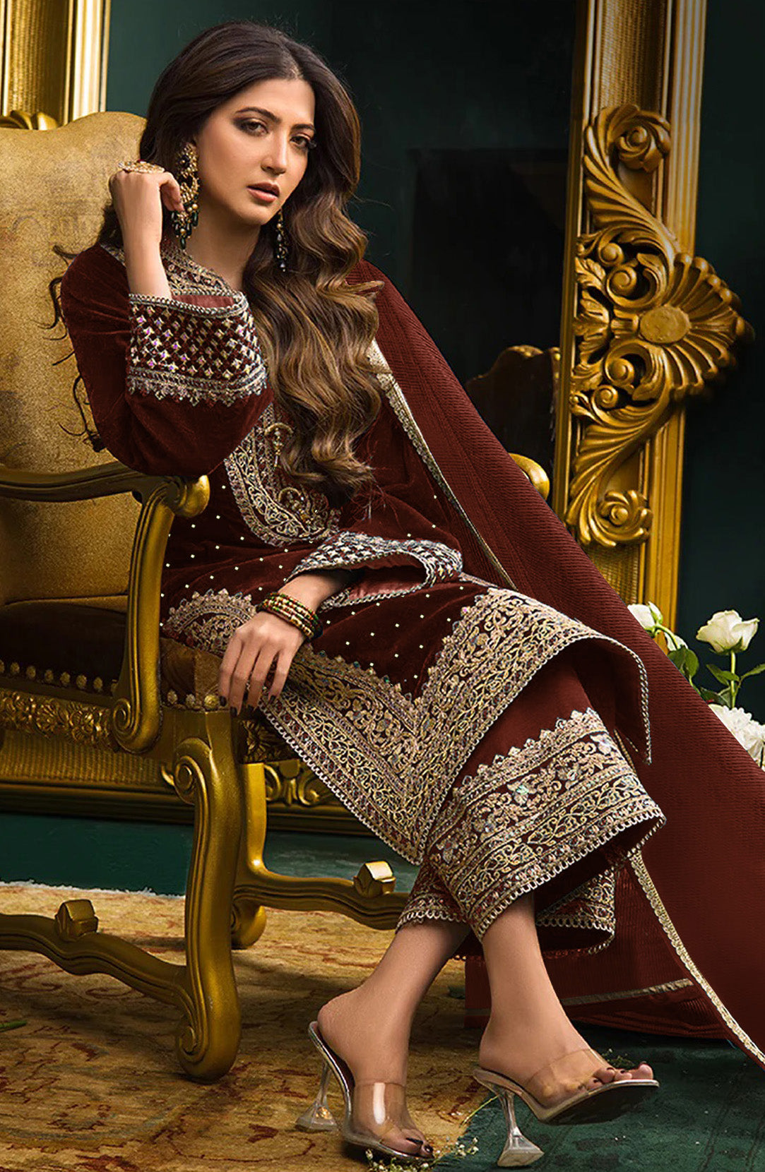 Lorenvalley Fashion Women Maroon Velvet Embroidered Salwar Suit Material - Distacart