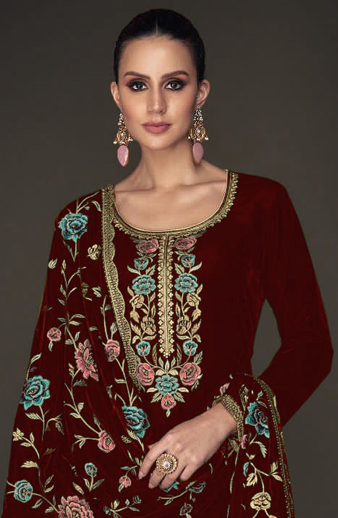 Lorenvalley Fashion Women Maroon Velvet Embroidered Salwar Suit Material - Distacart