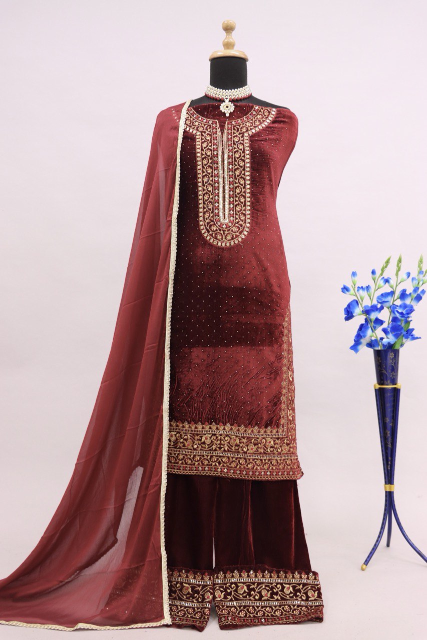 Lorenvalley Fashion Women Maroon Velvet Embroidered Salwar Suit Material - Distacart