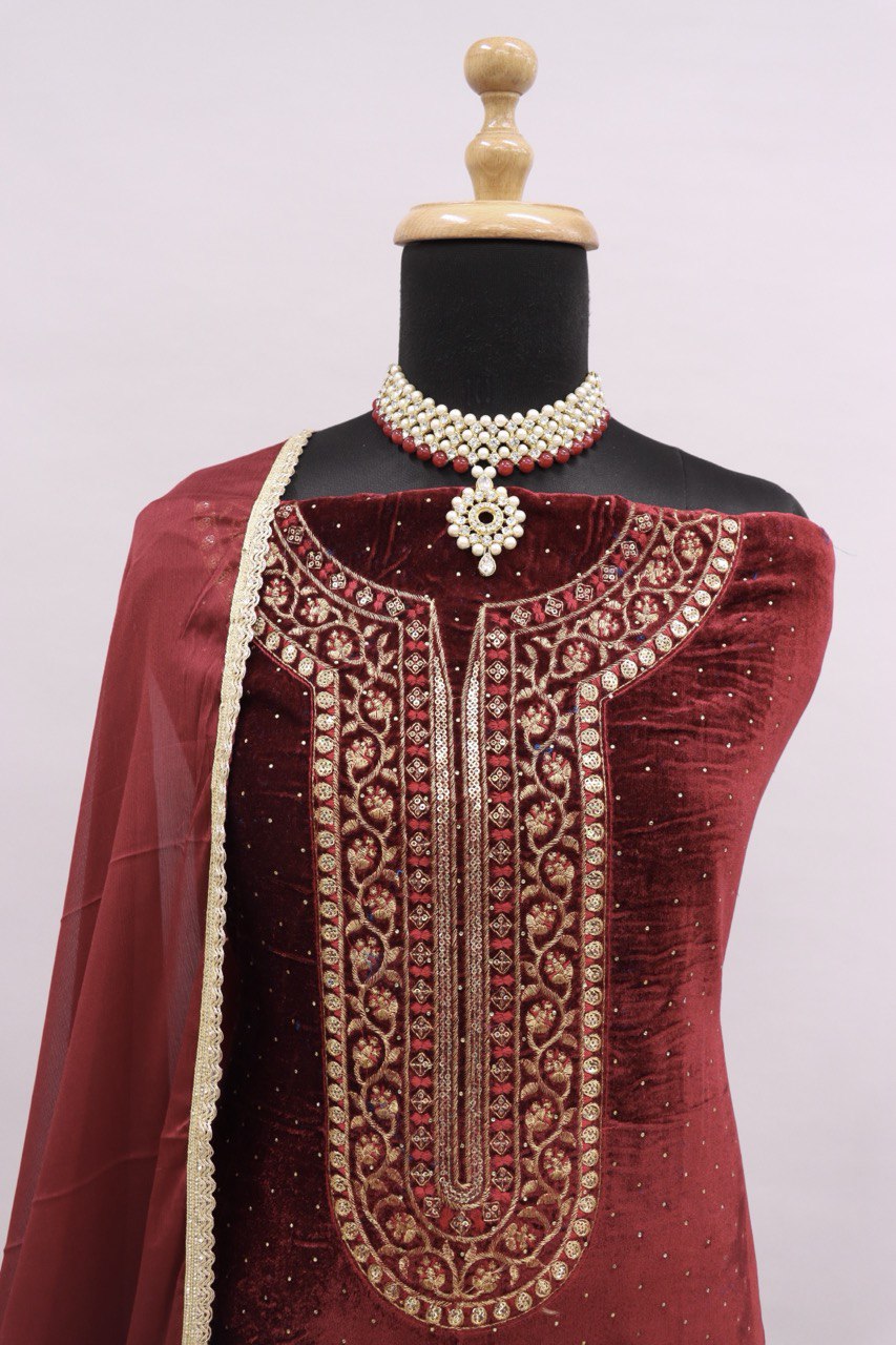 Lorenvalley Fashion Women Maroon Velvet Embroidered Salwar Suit Material - Distacart