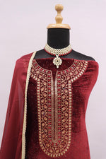 Thumbnail for Lorenvalley Fashion Women Maroon Velvet Embroidered Salwar Suit Material - Distacart