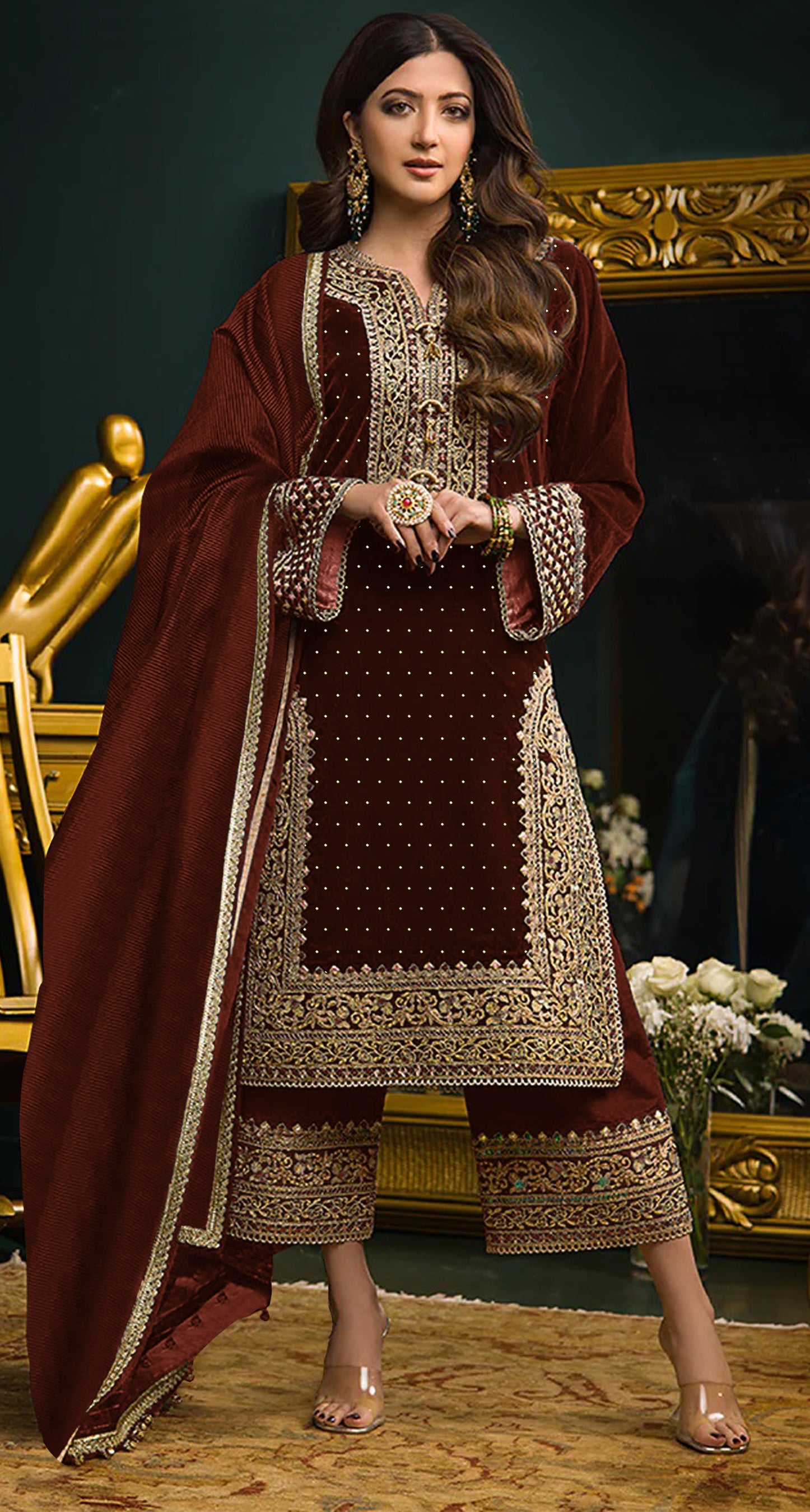 Lorenvalley Fashion Women Maroon Velvet Embroidered Salwar Suit Material - Distacart