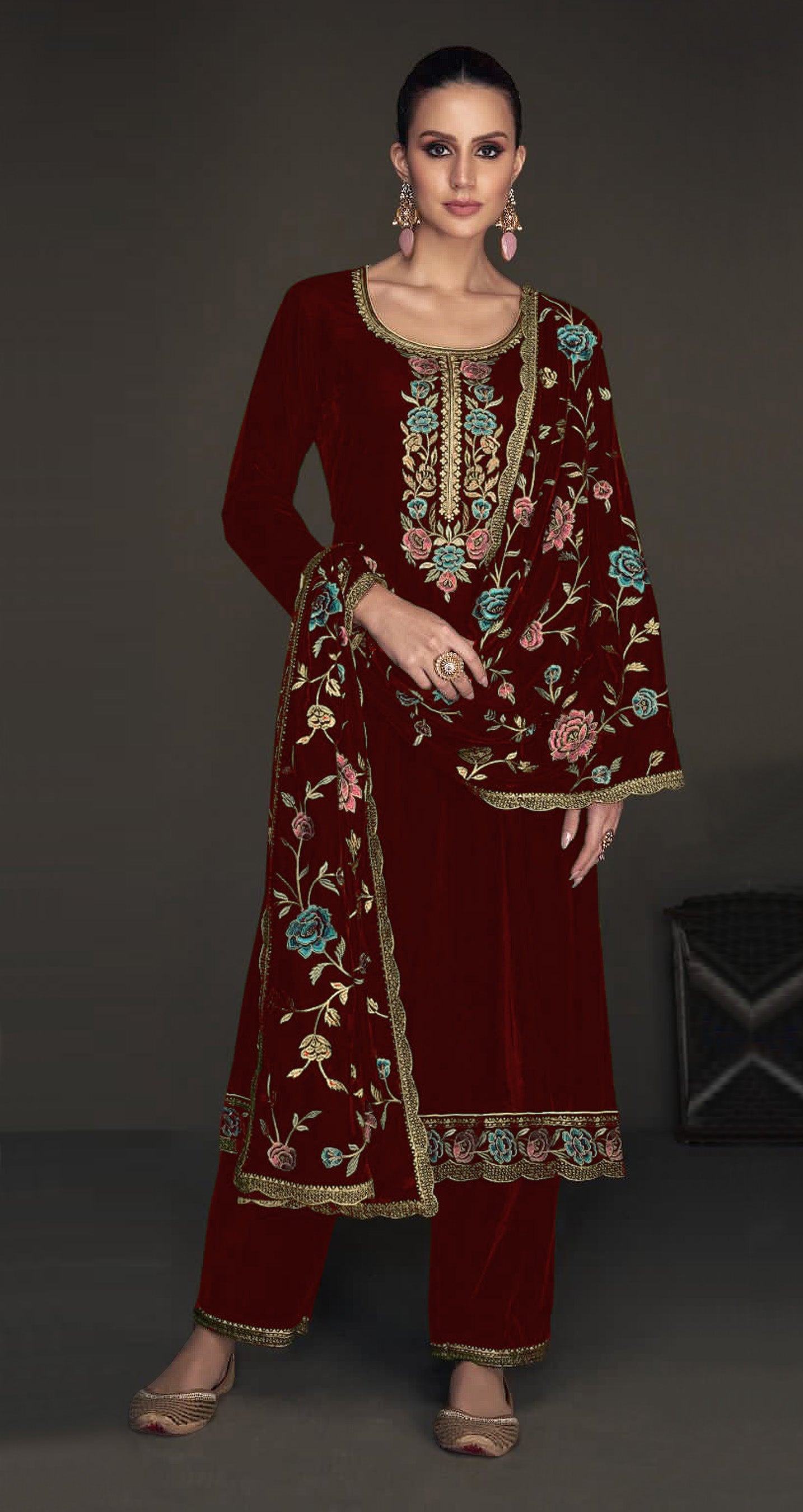 Lorenvalley Fashion Women Maroon Velvet Embroidered Salwar Suit Material - Distacart