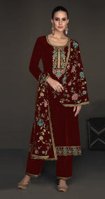 Thumbnail for Lorenvalley Fashion Women Maroon Velvet Embroidered Salwar Suit Material - Distacart