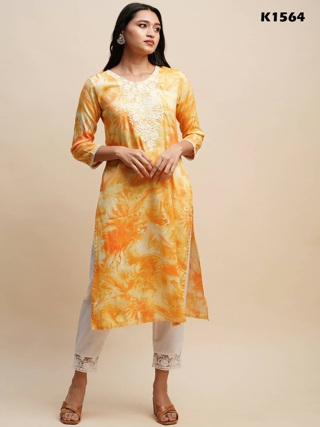 Mustard Poly Rayon Tie dye Printed Straight Kurta - Samira - Distacart