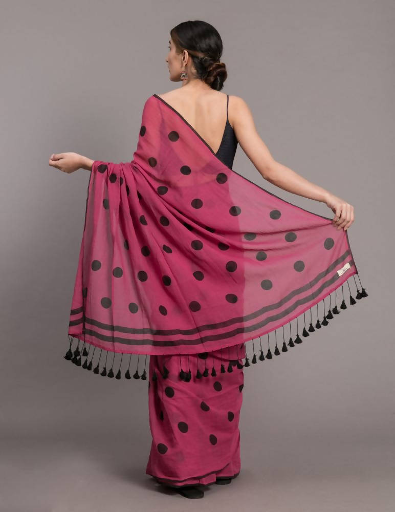 Suta Pink Black Polka Printed Pure Cotton Saree - Distacart