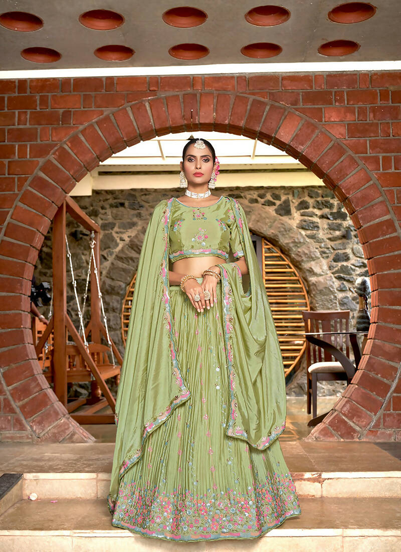 Green Chinon Crushed Sequence and Thread Embroidery Work Lehenga Choli with Dupatta - Viharini - Distacart