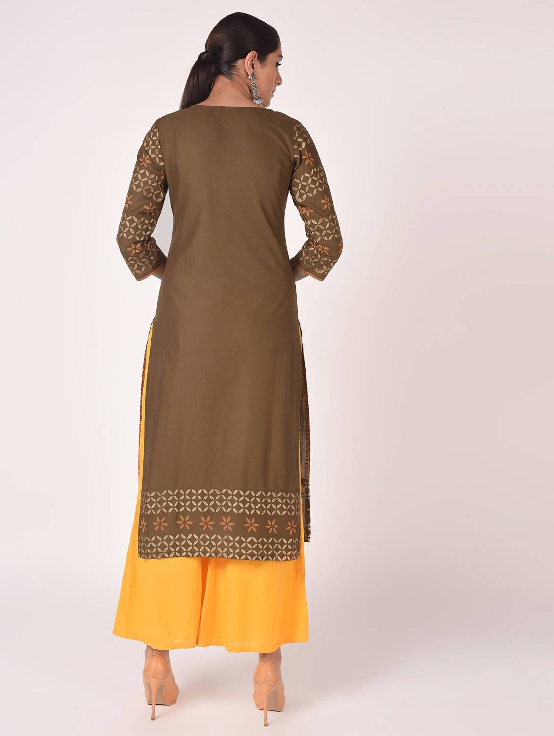 Cheera Hand Block Print Earth Brown & Yellow Straight Kurta With Palazzo (MAAI-086K)