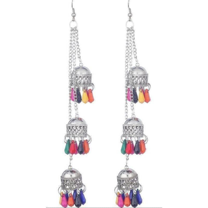 Multicolor Pearls Kashmiri Triple Hanging Small Jhumkas