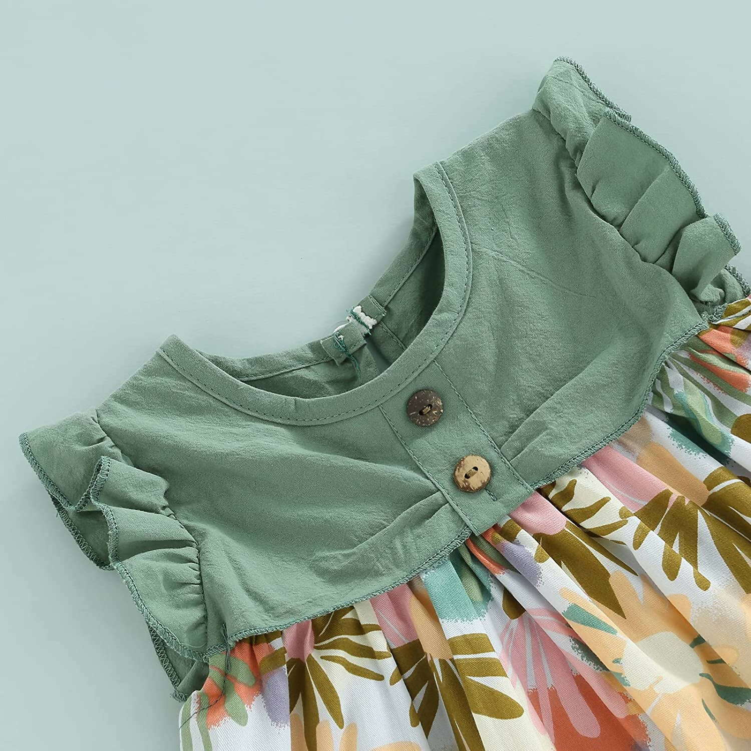 Bold N Elegant Cotton Floral Printed Ruffle Sleeve Princess Dress Frock With Fabric Hat Cap - Green - Distacart