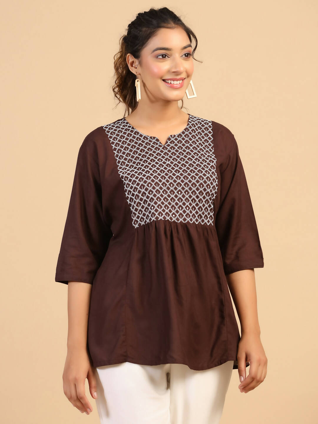 Womens Brown Rayon Yoke Embroidered Top - Keeva - Distacart