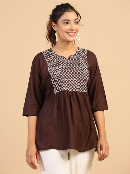 Womens Brown Rayon Yoke Embroidered Top - Keeva - Distacart