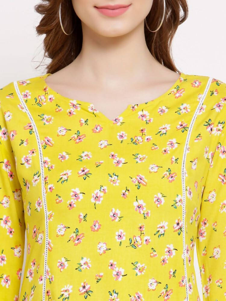 Myshka Women's Yellow Cotton 3/4 Sleeve Round Neck Printed Casual Tunic