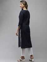 Thumbnail for Yufta Women Navy Blue Yoke Design Mirror Work Cotton Kurta