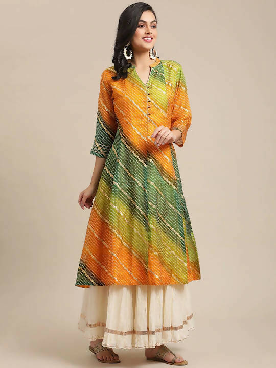Varanga Mustard Yellow & Green Bandhani Dyed Anarkali Kurta - Distacart