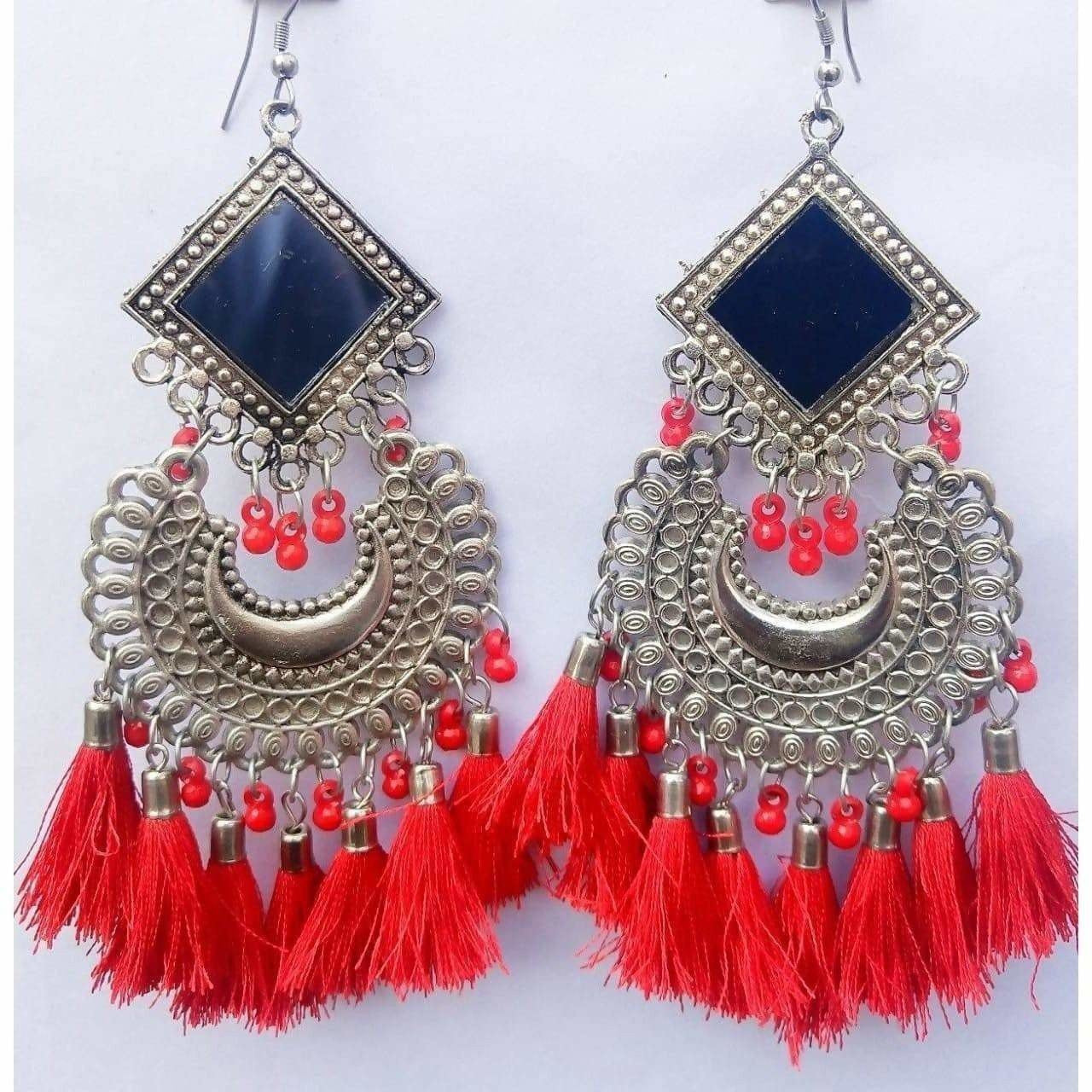 Latest Trendy Chandbali Red Pearls And Threads Long Mirror Half Moon Silver Tone Earrings