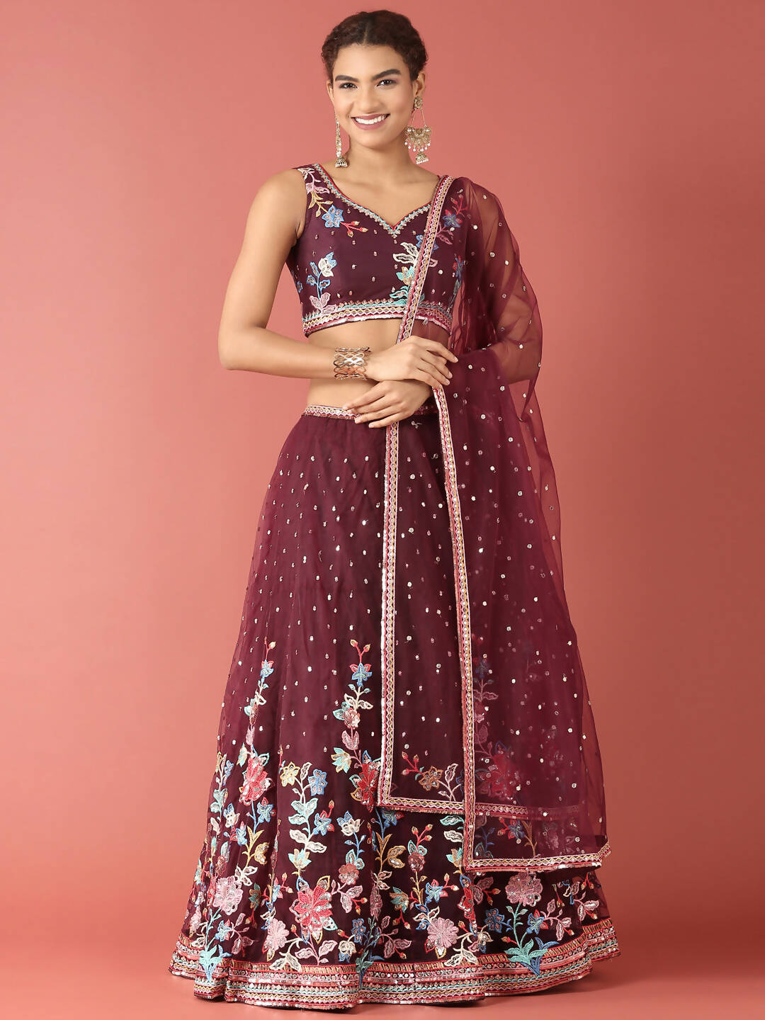 House of Panchhi Burgundy Net Multi colour Thread & Sequinse Work Lehenga & Blouse, Dupatta - Distacart