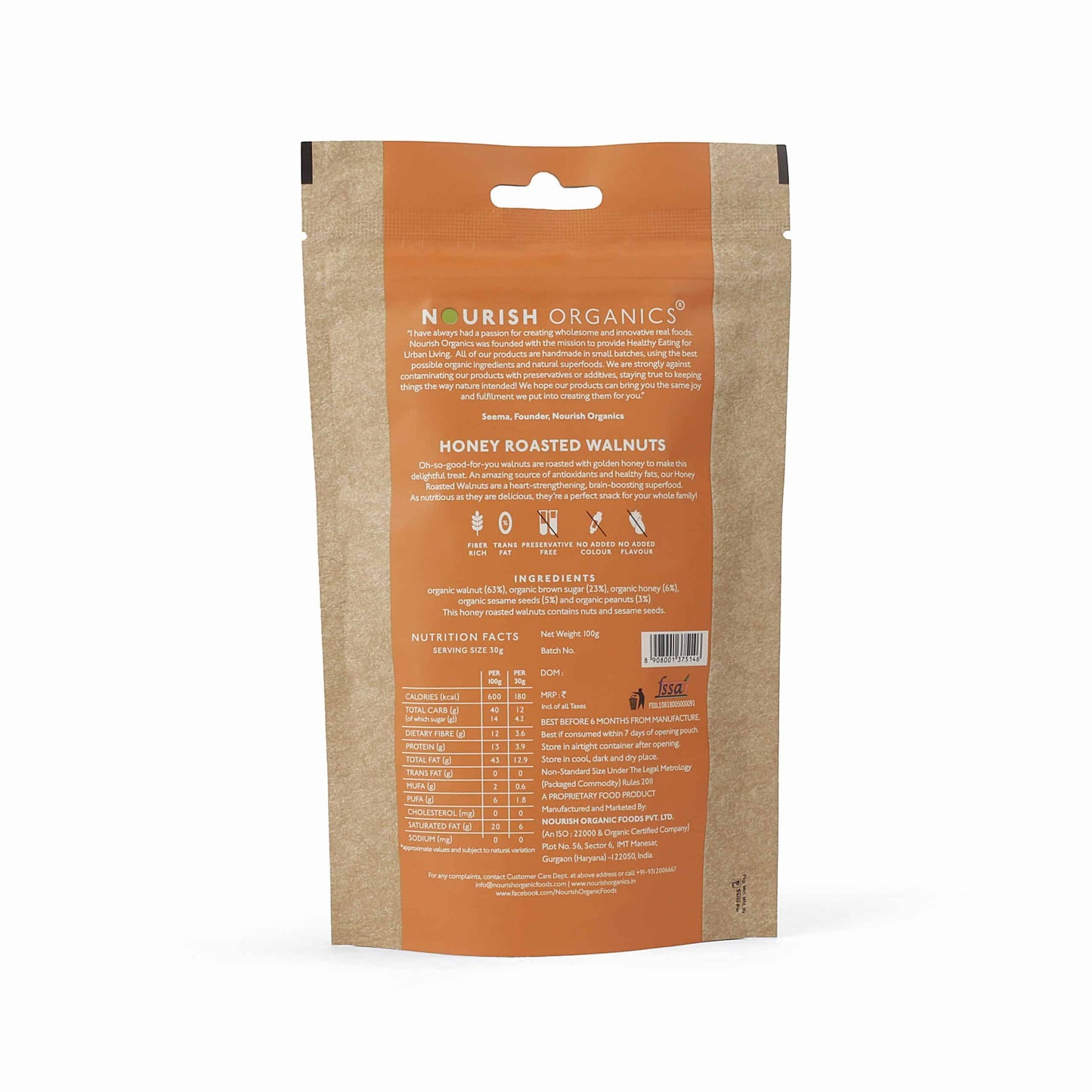 Nourish Organics Honey Roasted Walnuts pack