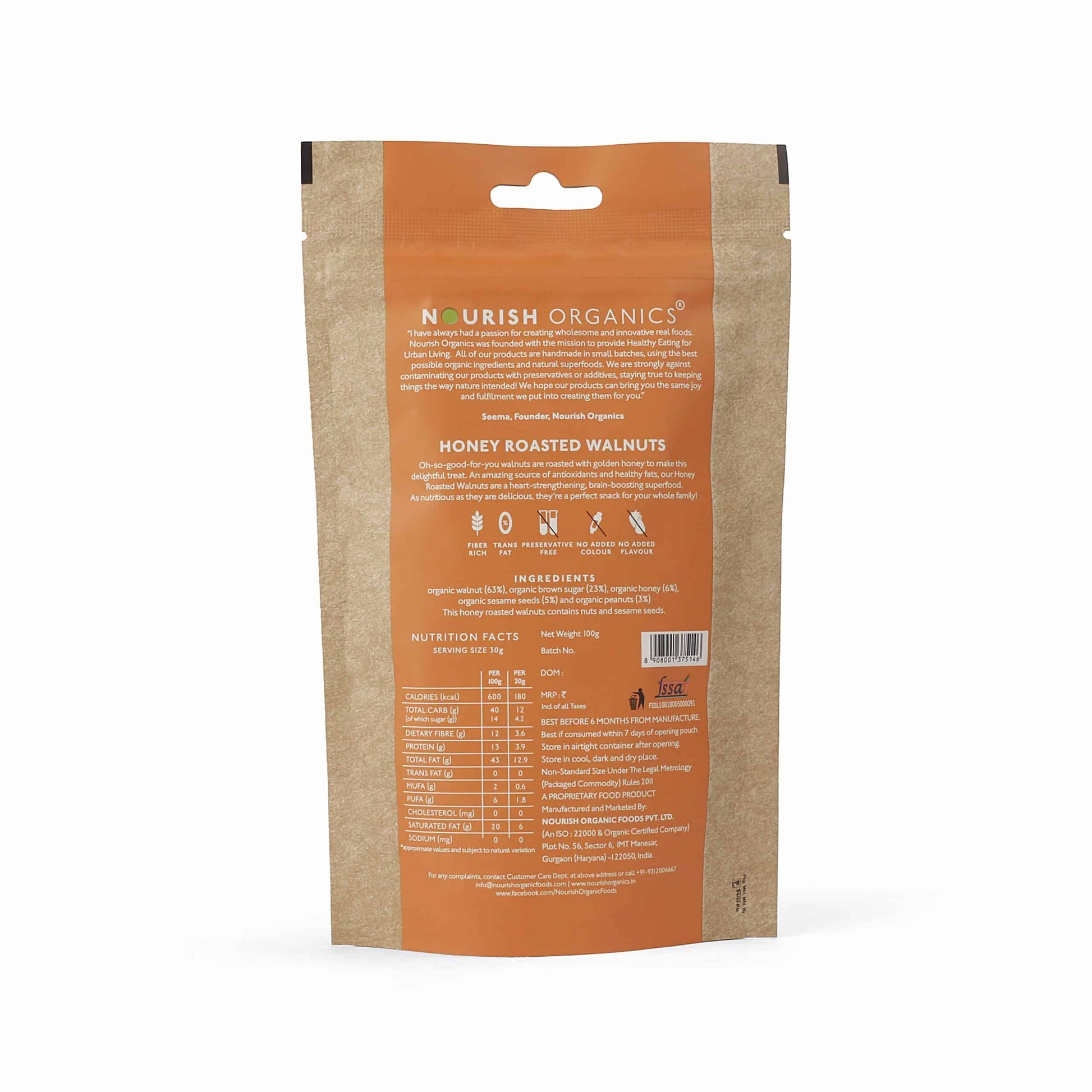 Nourish Organics Honey Roasted Walnuts pack
