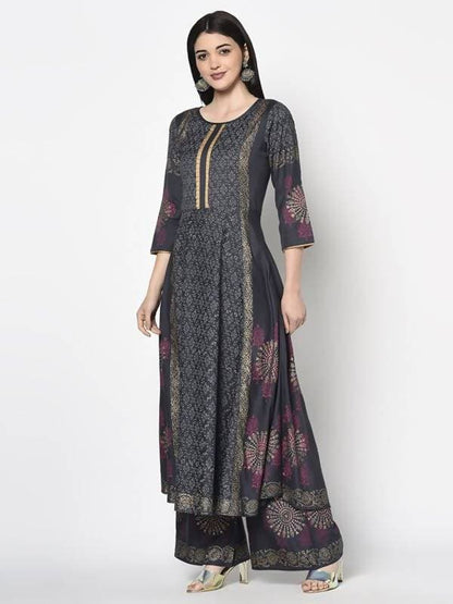 Aniyah Rayon Dark Grey Color Block Print Anarkali Kurta (AN-200K)