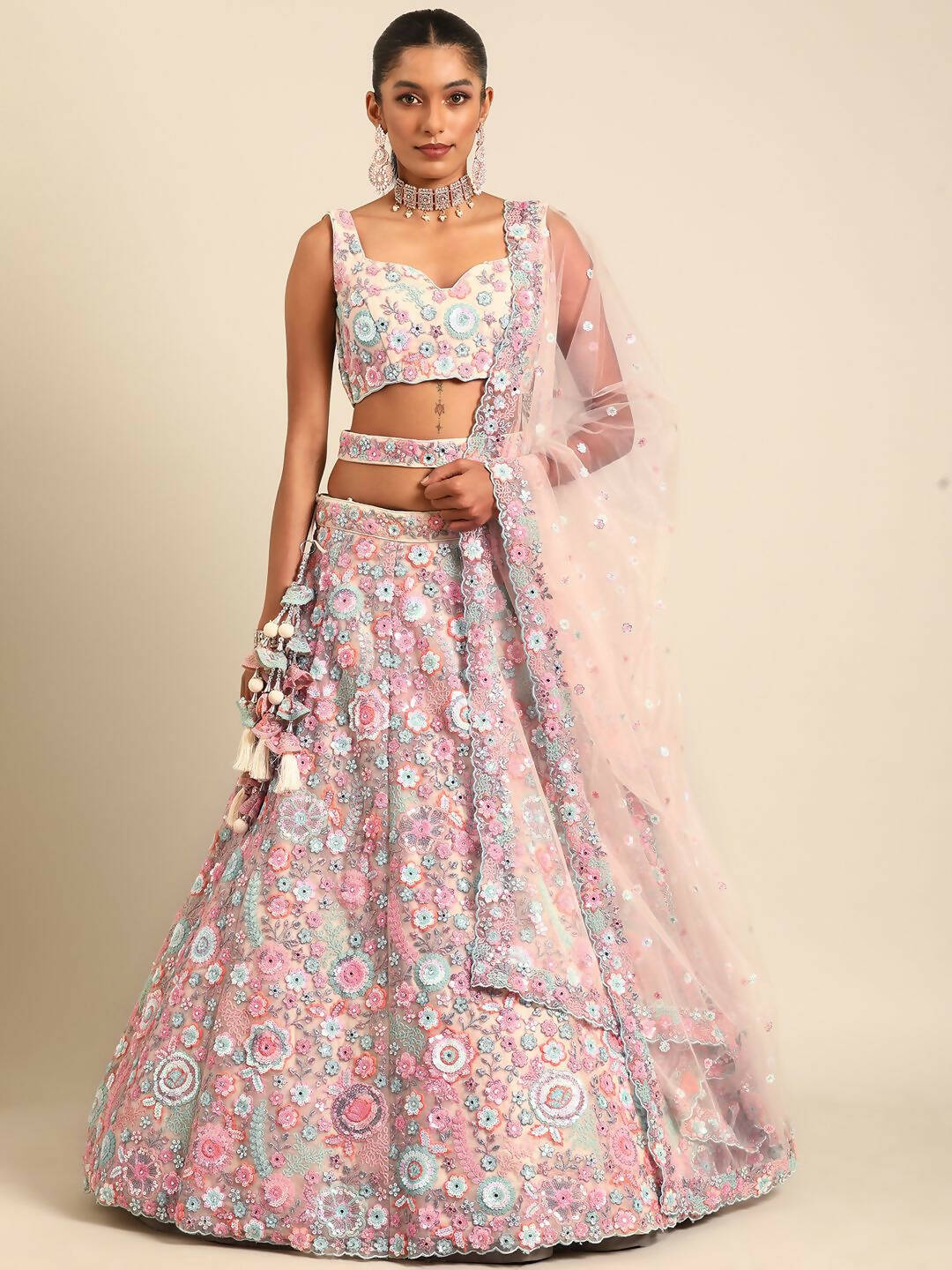 House of Panchhi Cream Net Sequins, Mirror and thread embroidery Lehenga choli & Dupatta - Distacart