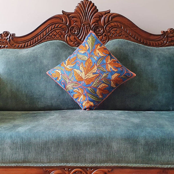 The Decor Nook Hand Embroidered Crewel Cushion Covers in Mustard & Off White Chinar Leaf Motif with Navy Blue Base - Distacart