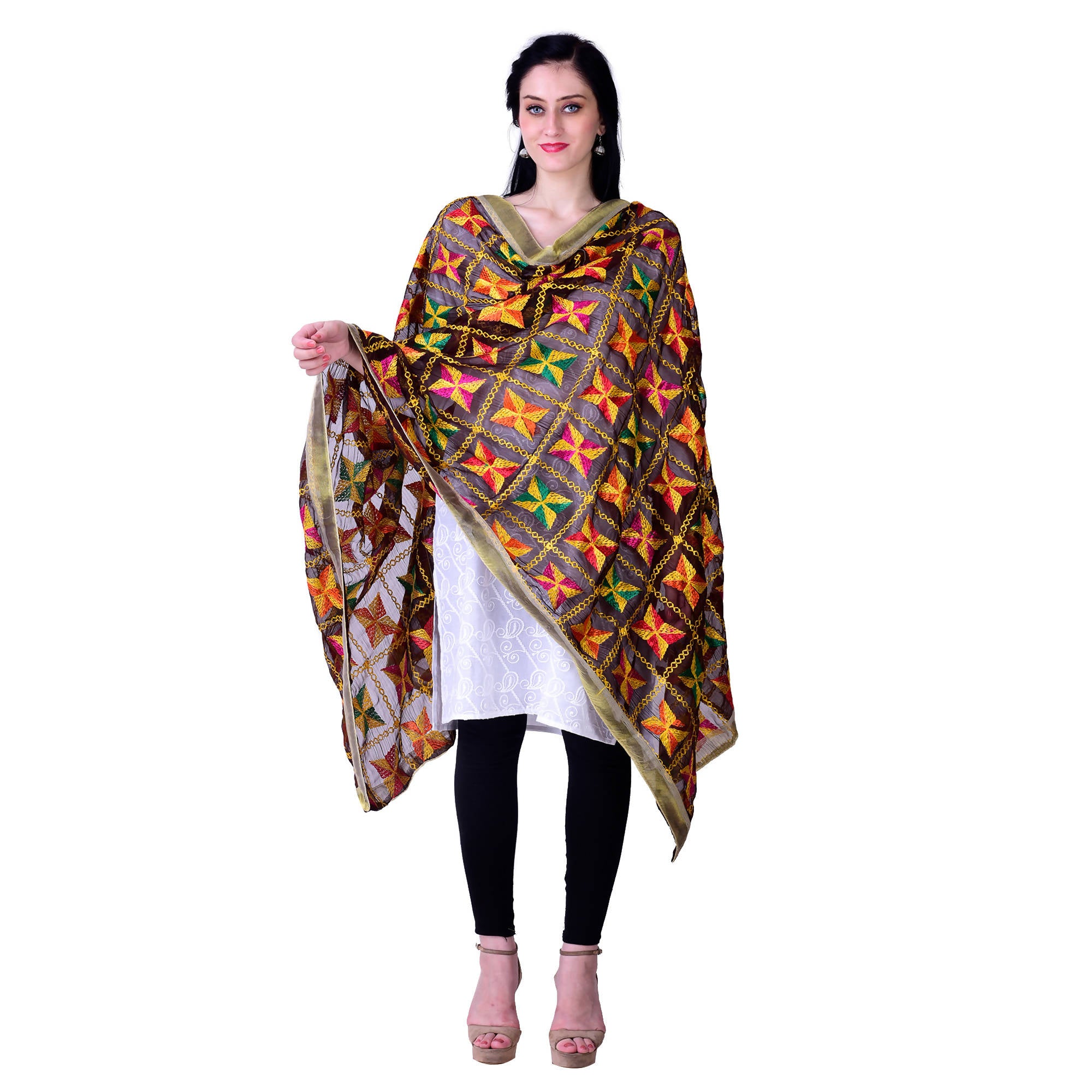SWI Stylish Embroidered Phulkari Chiffon Coffee Color Dupatta