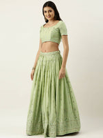 Thumbnail for House of Panchhi Pista Green Pure Georgette Embroidered Lehenga & Blouse, Dupatta - Distacart