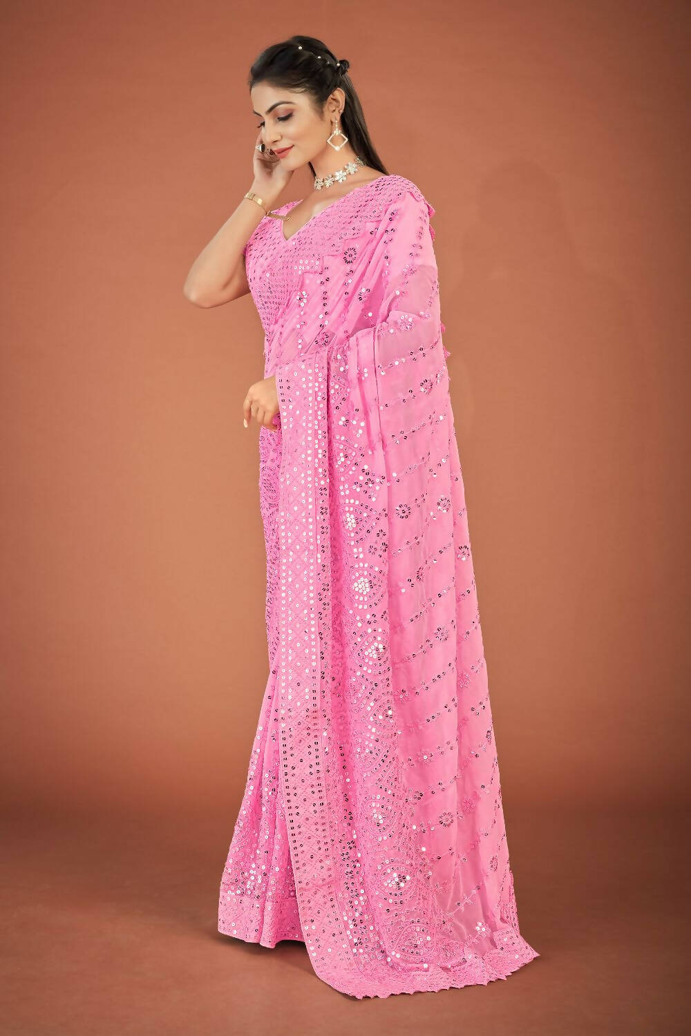 Vastrasky Pink Georgette Designer Saree - Distacart