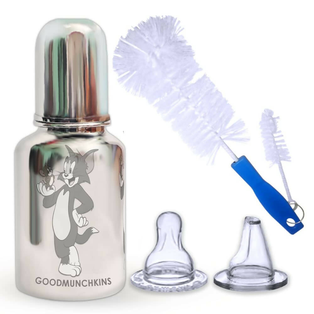 Goodmunchkins Stainless Steel Feeding Bottle with Anti Colic Silicone Nipple/Bottle Cleaning Nylon Brush (300ml, Blue) - Distacart