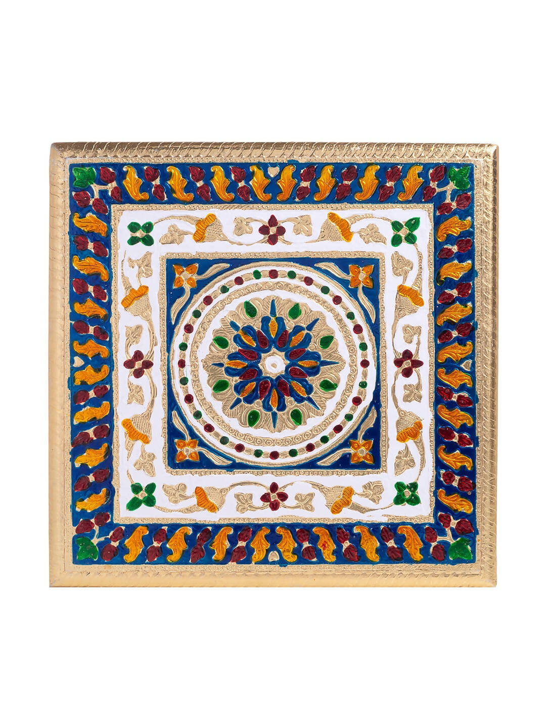 Golden Peacock Gold-Toned & Red Handcrafted Meenakari Wooden Chowki - Distacart