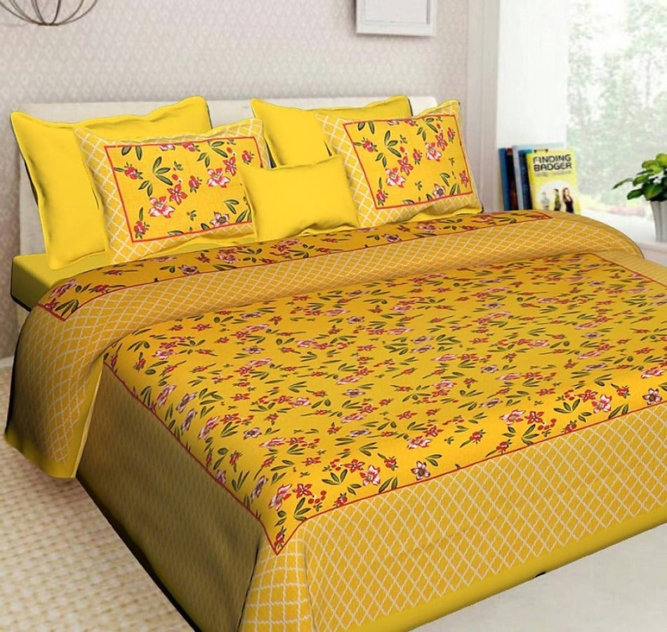 Vamika Printed Cotton Yellow Bedsheet With Pillow Covers 