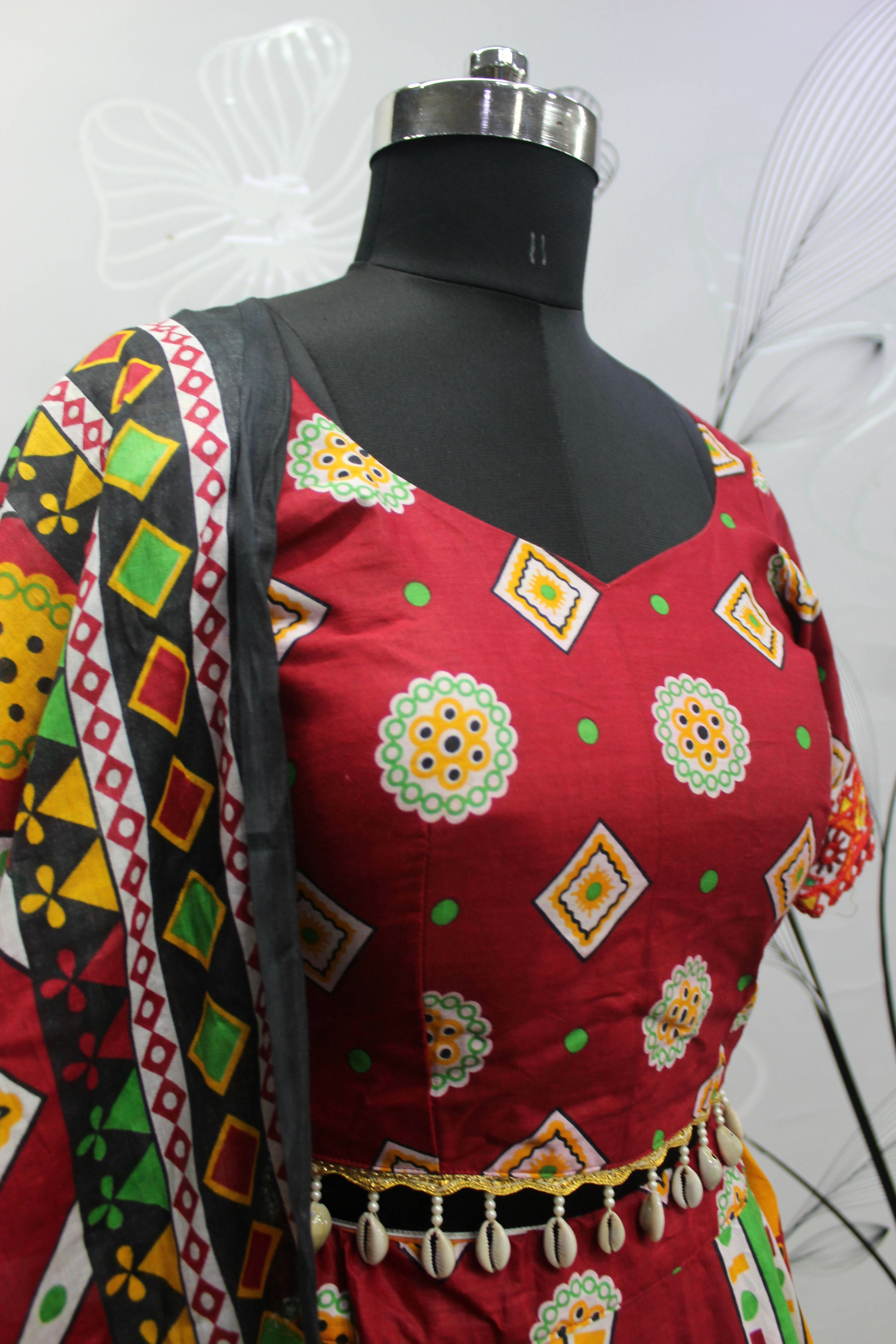 Multi Color Pure Cotton Hand Block Print Navratri Lehenga Choli with Dupatta - Raas - Distacart