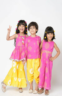 Thumbnail for Lil Drama Marigold Magic Girls Pink Embroidered Kurta With Sharara Set - Distacart