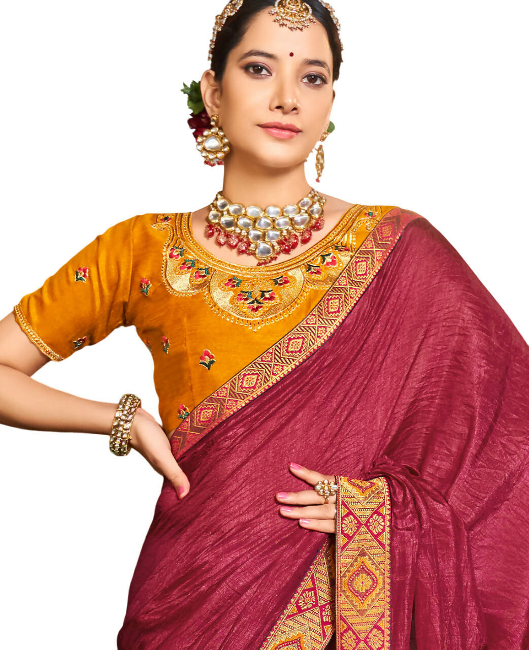 Maroon Solid Vichitra Saree With Unstitched Blouse Piece - Selena - Distacart