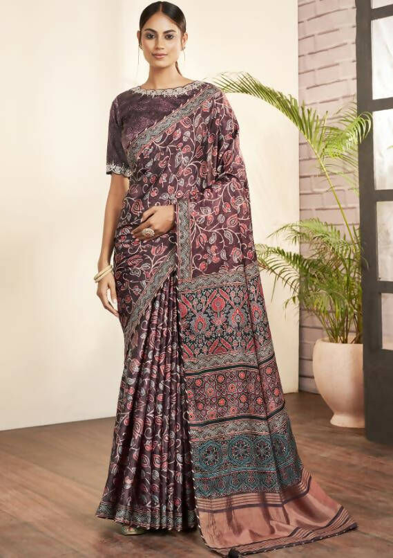 Purple Gajji Silk Floral Print with Hand work Border Saree - Norita Nirvi - Distacart