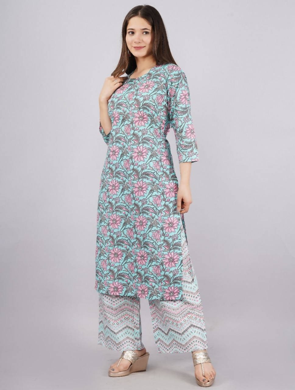 Vamika Printed Cotton Sky Blue Party Wear/Casual Wear Kurta Set/Suit - Distacart
