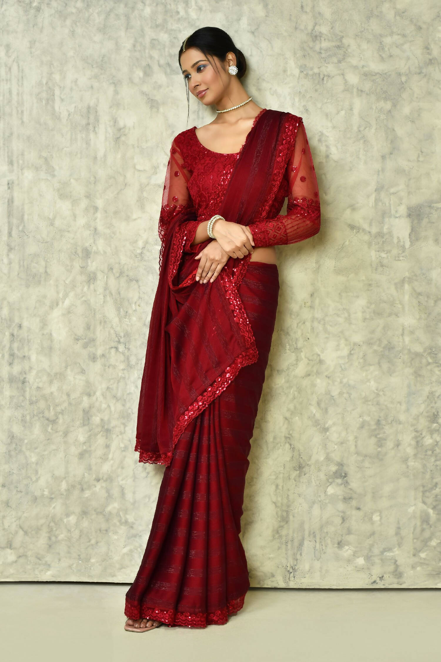 Maroon Silk Stripe Saree With Blouse Piece - Purvi - Distacart