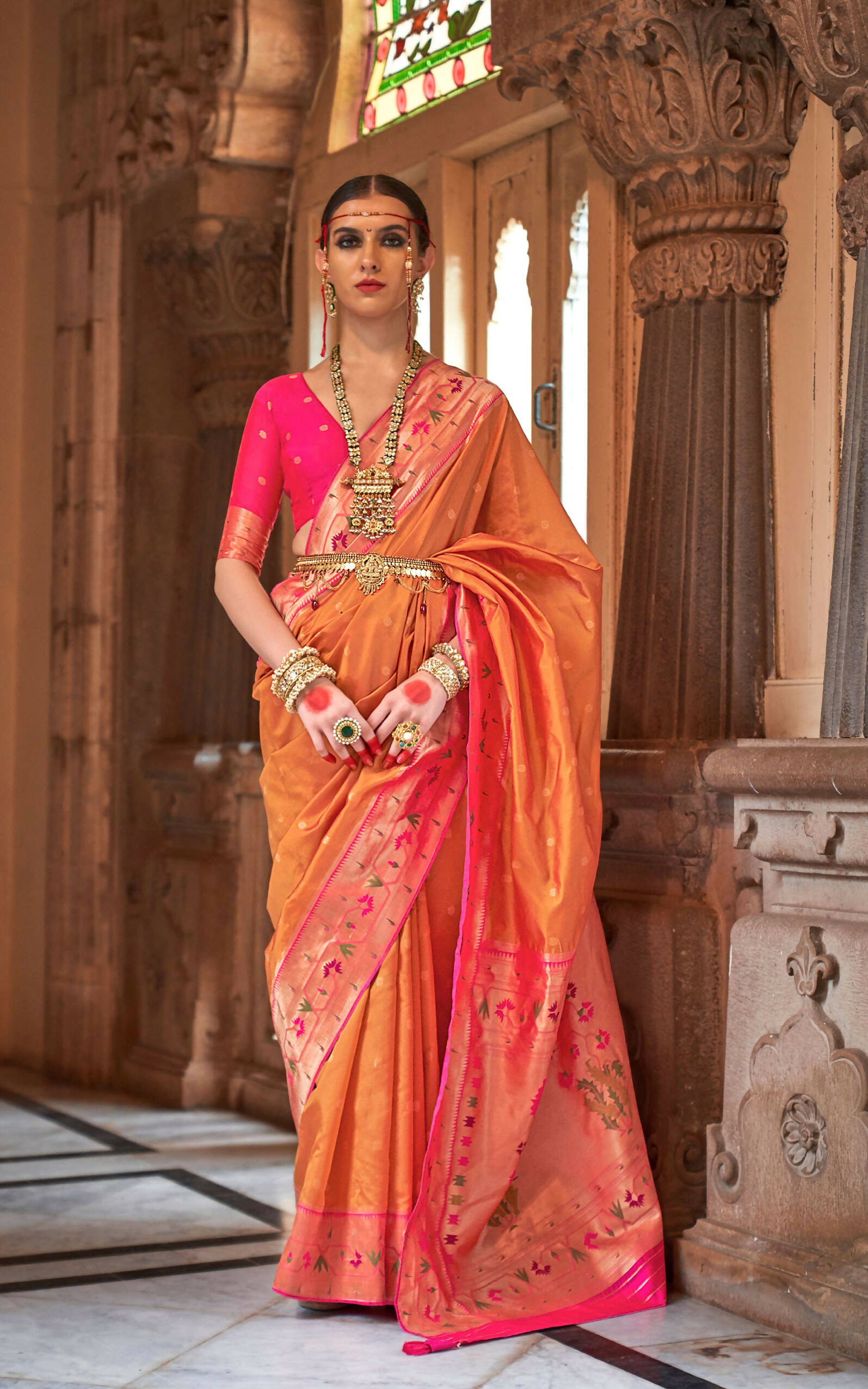 Orange Soft V.P. Silk Magnum Finish, Weaving, Golden Zari Paithani Silk Saree - Rath Kadampalli - Distacart