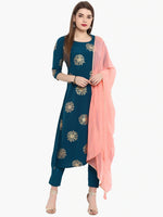 Thumbnail for Janasya Flower Golden Foil Kurta Set with Dipped Hemline - Distacart