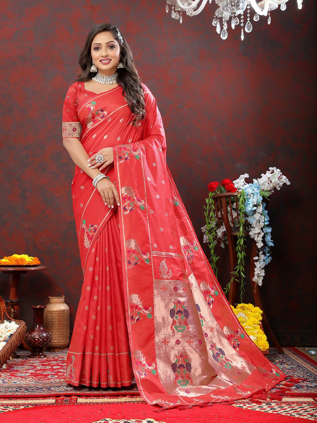 Lorenvalley Fashion Red Soft Paithani Silk Woven Design Copper Zari Meenakari Weaving Saree - Distacart
